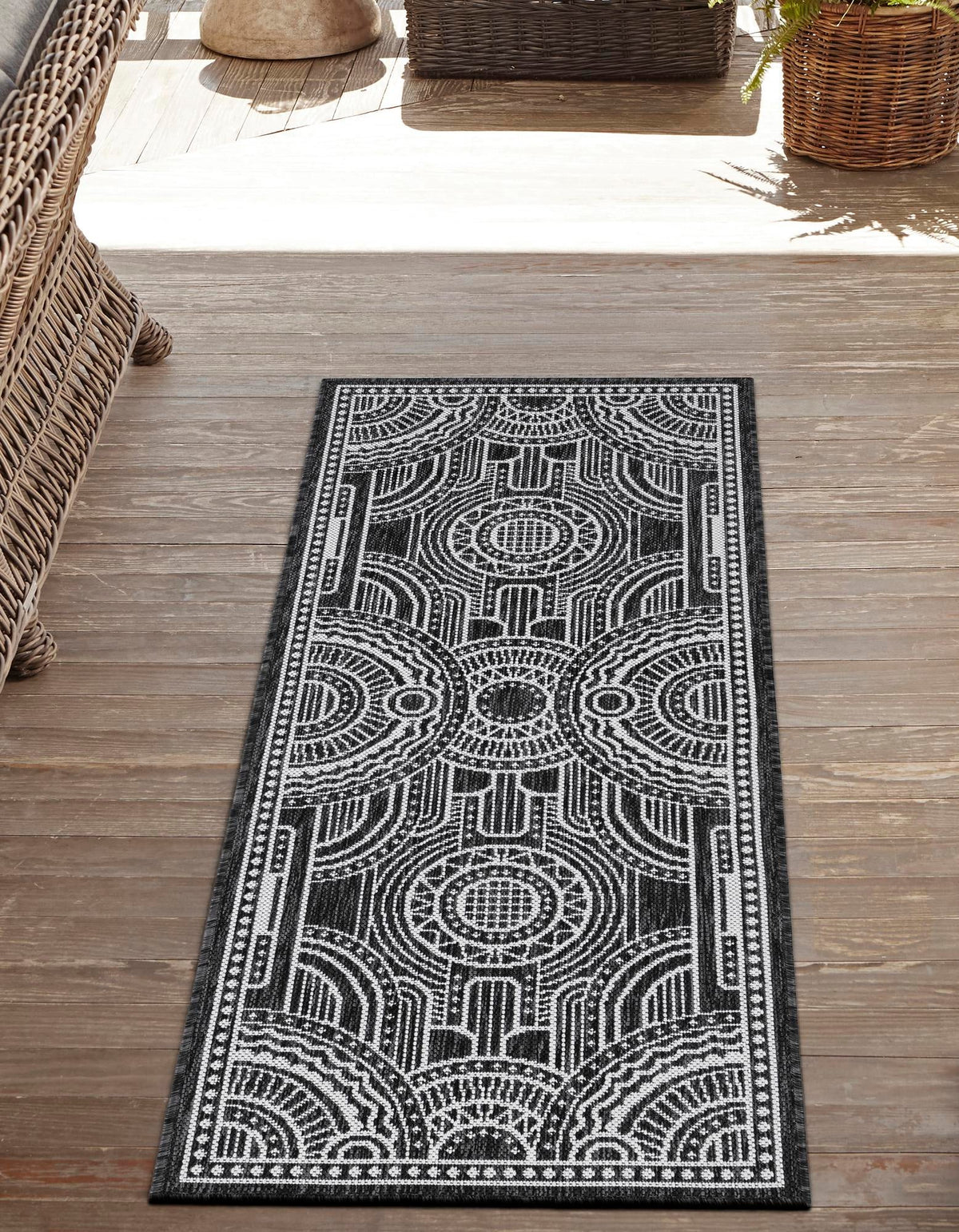 Patio Heritage Collection Area Rug -  Asheville Runner Black and White  lifestyle 48