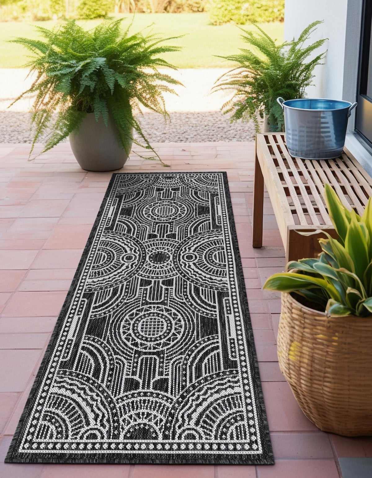 Patio Heritage Collection Area Rug -  Asheville Runner Black and White  lifestyle 94