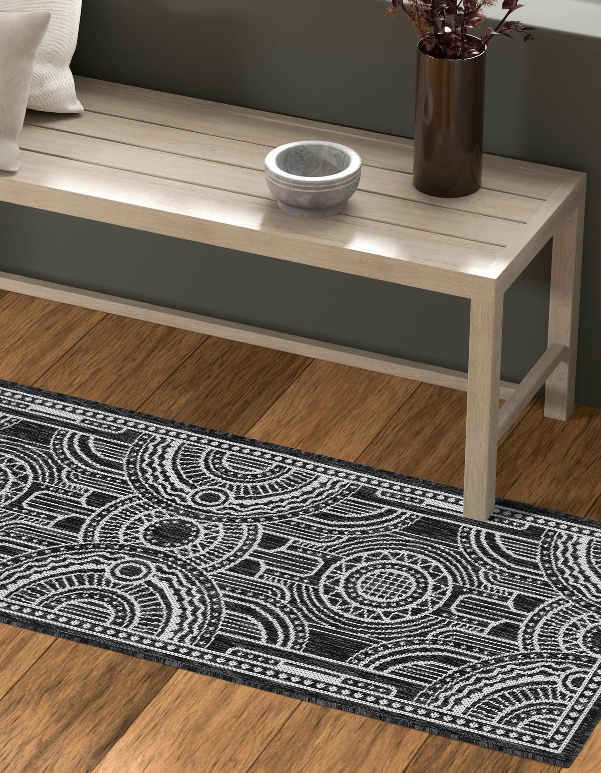 Patio Heritage Collection Area Rug -  Asheville Runner Black and White  lifestyle 110
