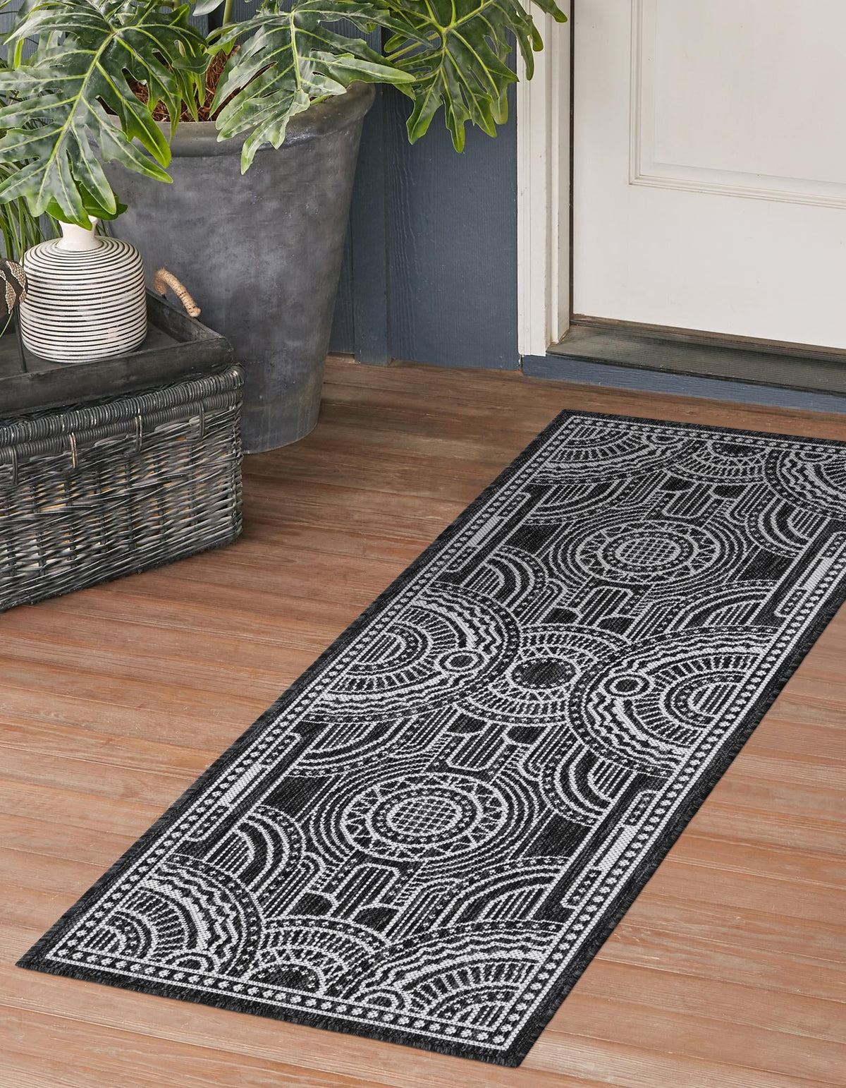 Patio Heritage Collection Area Rug -  Asheville Runner Black and White  lifestyle 126