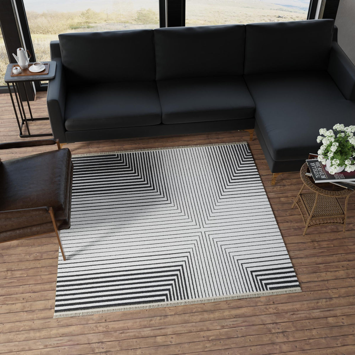 Roma Elegance Collection Area Rug -  Palatino Square Black and White  lifestyle 42