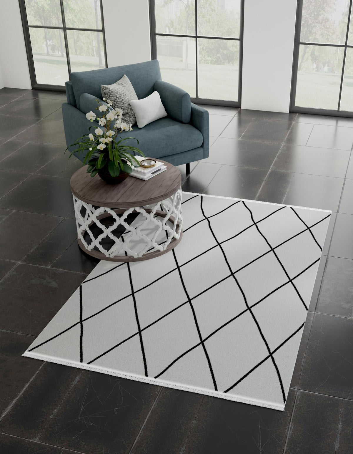 Roma Elegance Collection Area Rug -  Piazza Rectangle Black and White  lifestyle 2