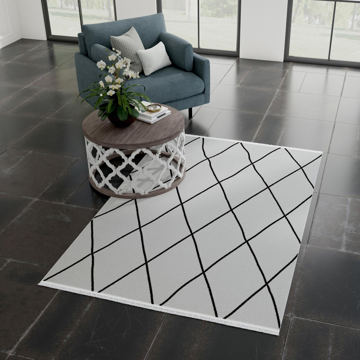 Roma Elegance Collection Area Rug -  Piazza Rectangle Black and White  lifestyle 15