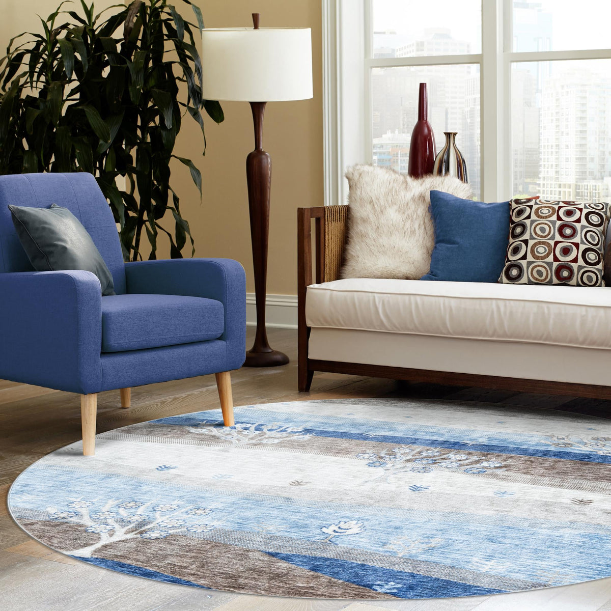 Zagros Shades Collection Area Rug -  Behbahan Round Blue Gray  lifestyle 57