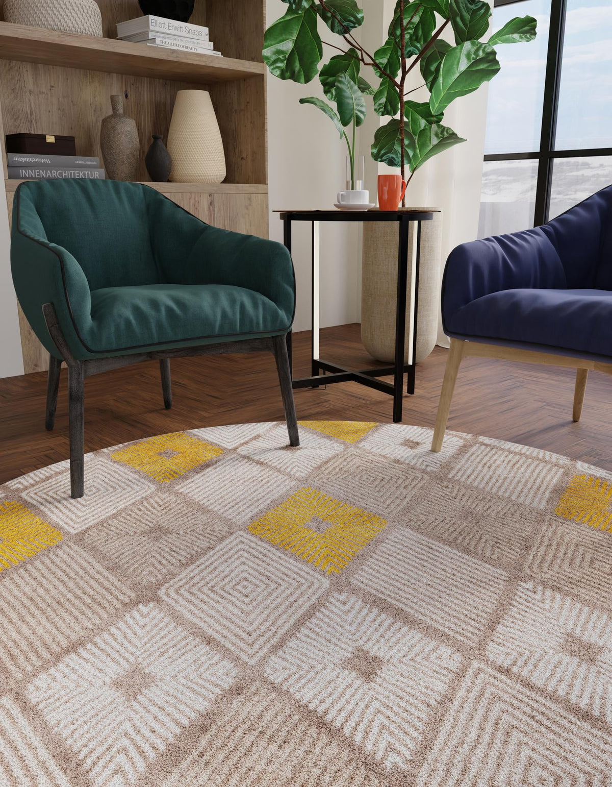 Coastal Haven Collection Area Rug -  Anchorage Round Ivory and Yellow  lifestyle 85