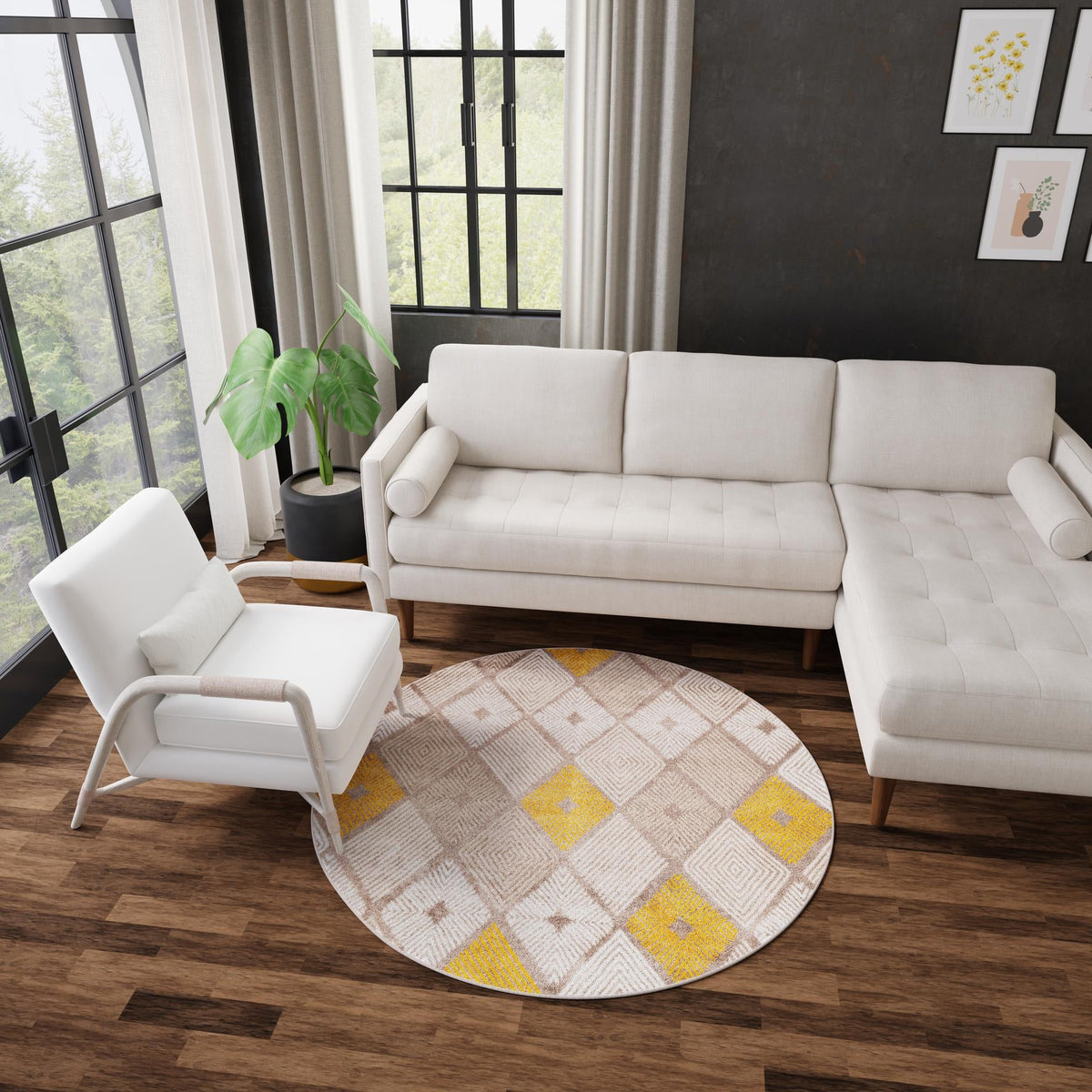 Coastal Haven Collection Area Rug -  Anchorage Round Ivory and Yellow  lifestyle 132