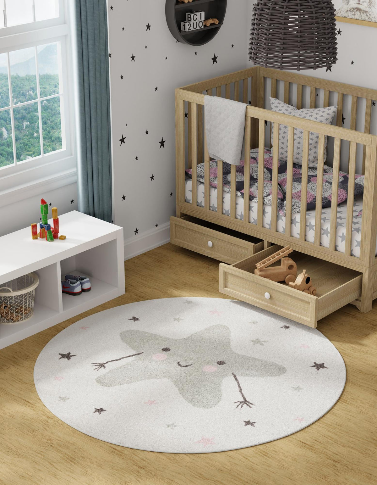 Playful Patterns Collection Area Rug -  Spiral Round Ivory  lifestyle 2