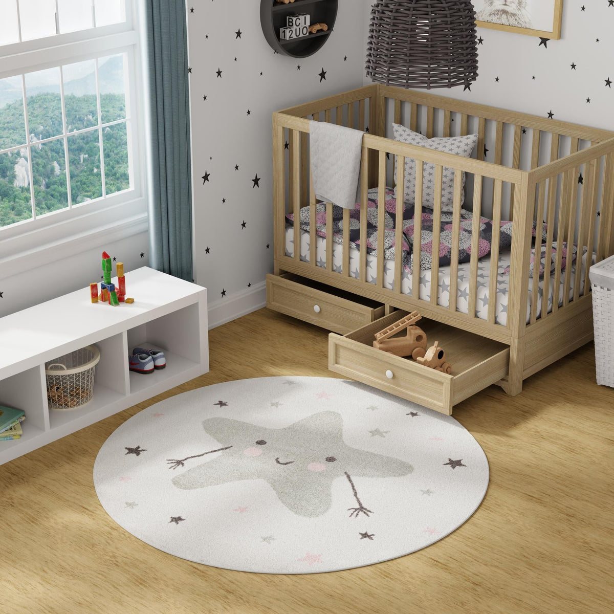 Playful Patterns Collection Area Rug -  Spiral Round Ivory  lifestyle 7