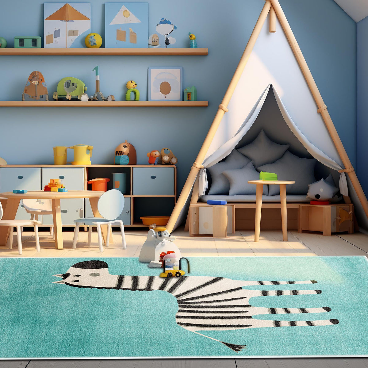 Playful Patterns Collection Area Rug -  Vibrant Rectangle Teal  lifestyle 17