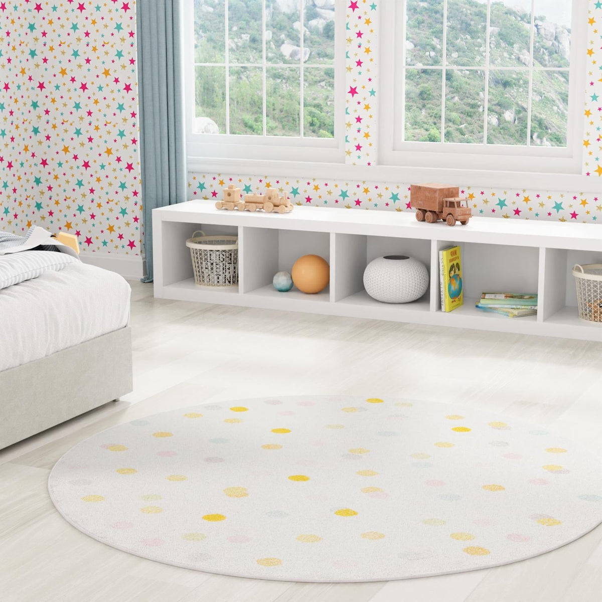 Playful Patterns Collection Area Rug -  Fable Round Ivory  lifestyle 48