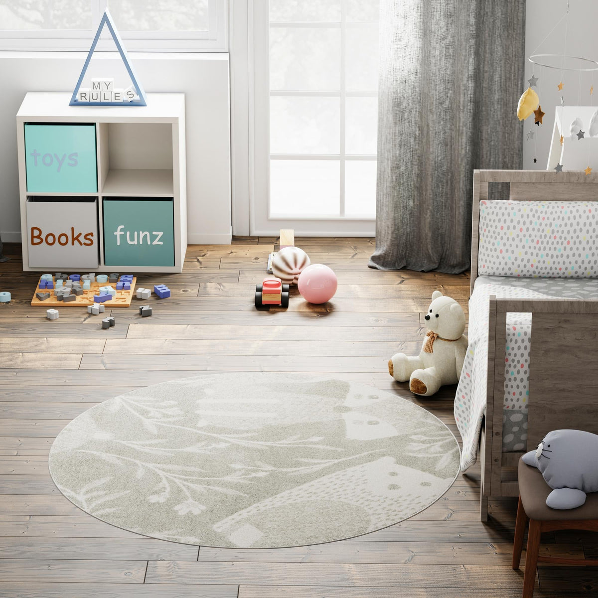 Playful Patterns Collection Area Rug -  Quirky Round Gray  lifestyle 48