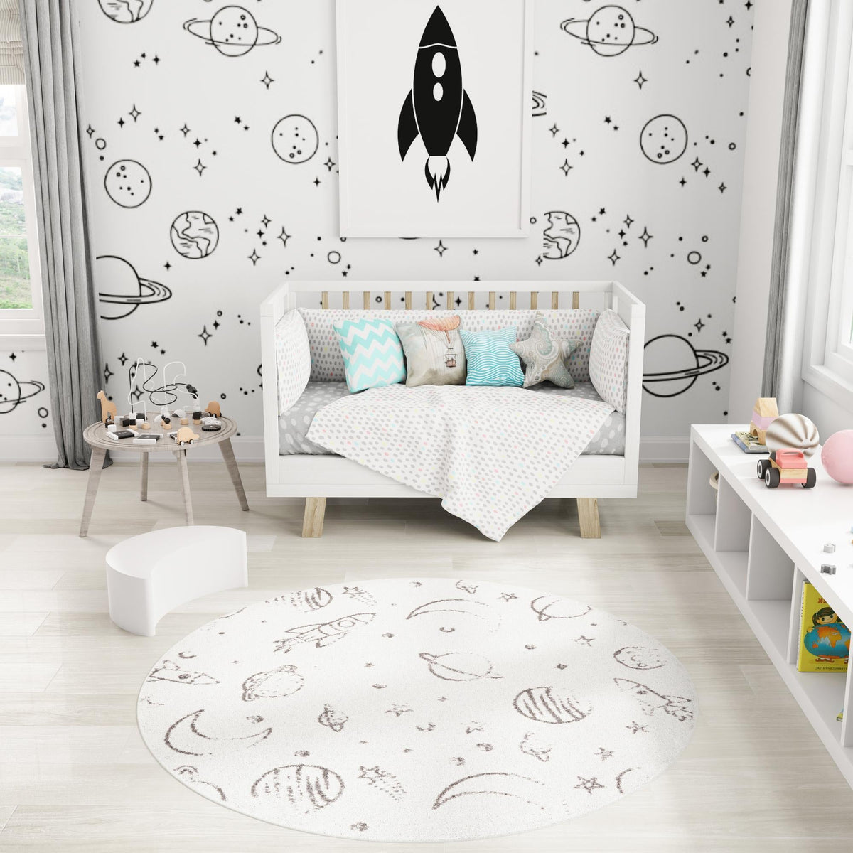 Playful Patterns Collection Area Rug -  Jigsaw Round Ivory  lifestyle 81