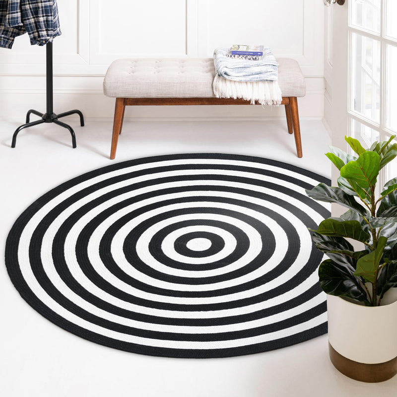 Sustainable Strands Indoor-Outdoor Oasis Collection Area Rug - Harborview Round Black and White  lifestyle 30