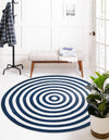 Sustainable Strands Indoor-Outdoor Oasis Collection Area Rug - Harborview Round Navy Blue and White  lifestyle 28
