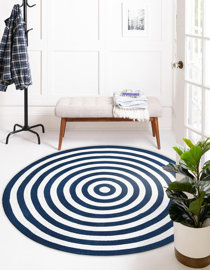 Sustainable Strands Indoor-Outdoor Oasis Collection Area Rug - Harborview Round Navy Blue and White  lifestyle 28