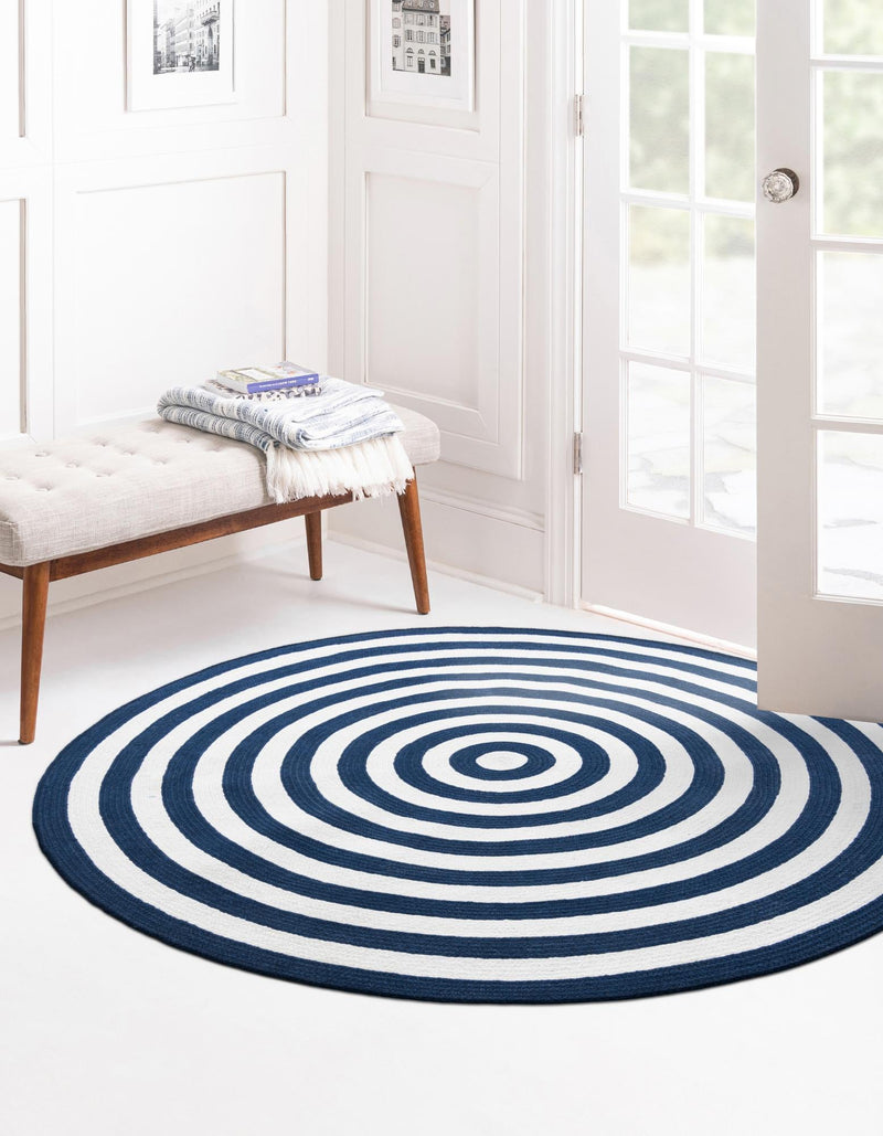 Sustainable Strands Indoor-Outdoor Oasis Collection Area Rug - Harborview Round Navy Blue and White  lifestyle 32