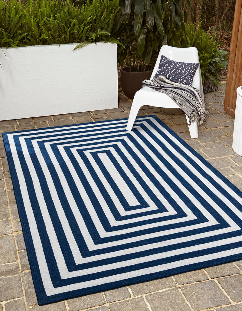 Sustainable Strands Indoor-Outdoor Oasis Collection Area Rug - Harborview Rectangle Navy Blue and White  lifestyle 2