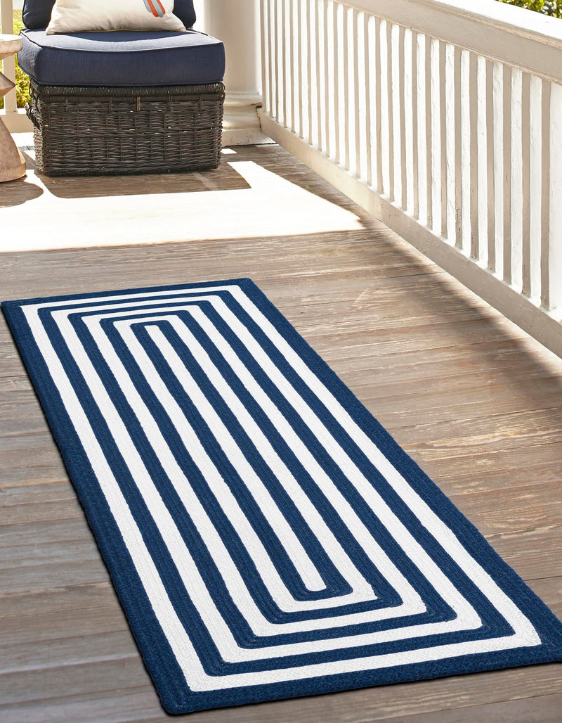 Sustainable Strands Indoor-Outdoor Oasis Collection Area Rug - Harborview Runner Navy Blue and White  lifestyle 36