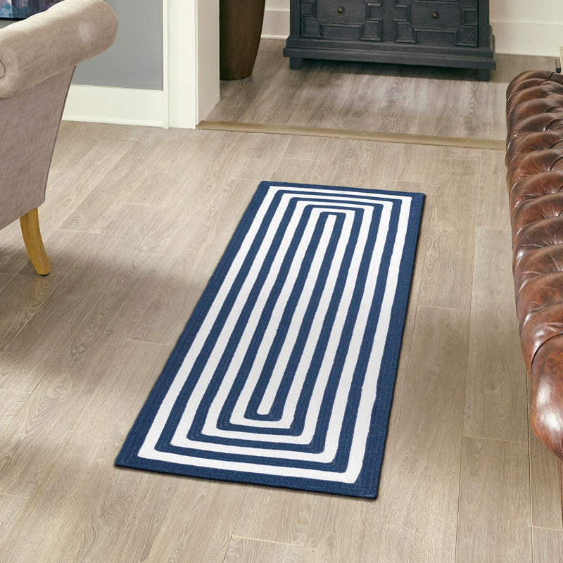 Sustainable Strands Indoor-Outdoor Oasis Collection Area Rug - Harborview Runner Navy Blue and White  lifestyle 93