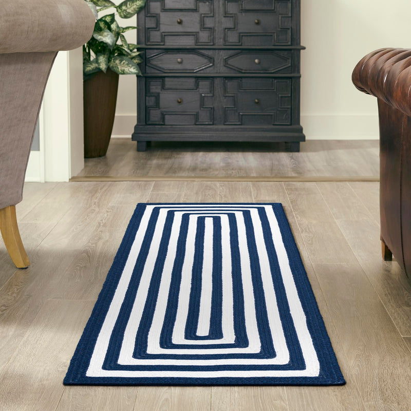 Sustainable Strands Indoor-Outdoor Oasis Collection Area Rug - Harborview Runner Navy Blue and White  lifestyle 96