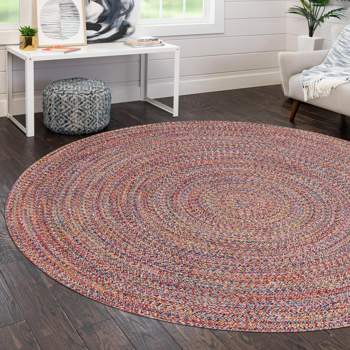Sustainable Strands Indoor-Outdoor Oasis Collection Area Rug -  Sandbar (Multi) Round Multi  lifestyle 57