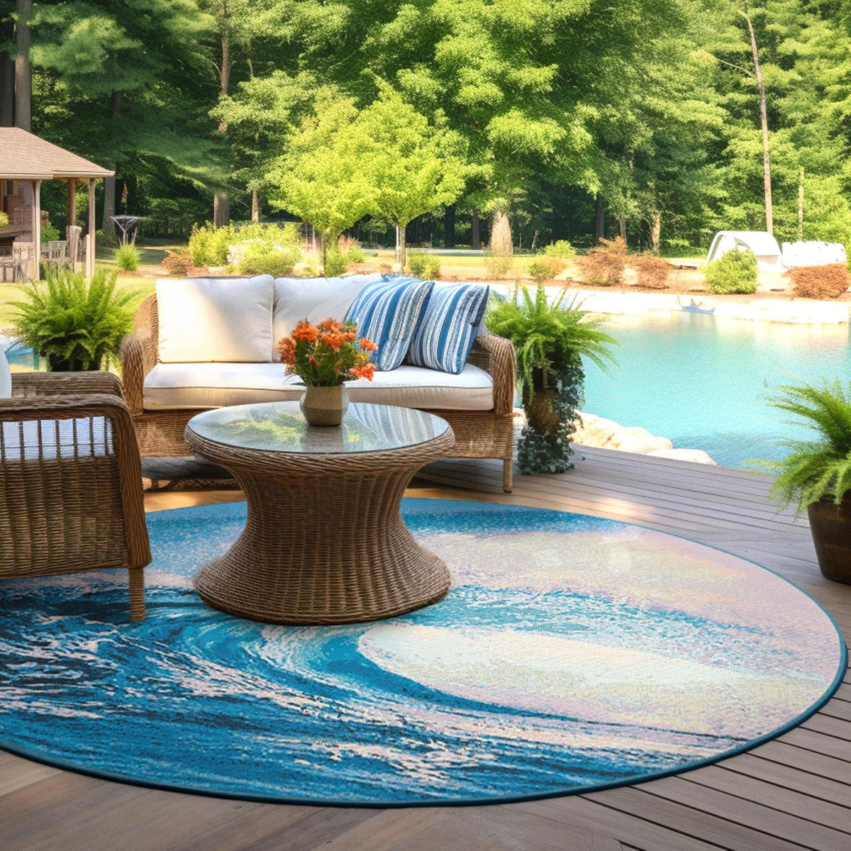 Urban Terrace Collection Area Rug - Veranda Round Blue  lifestyle 32