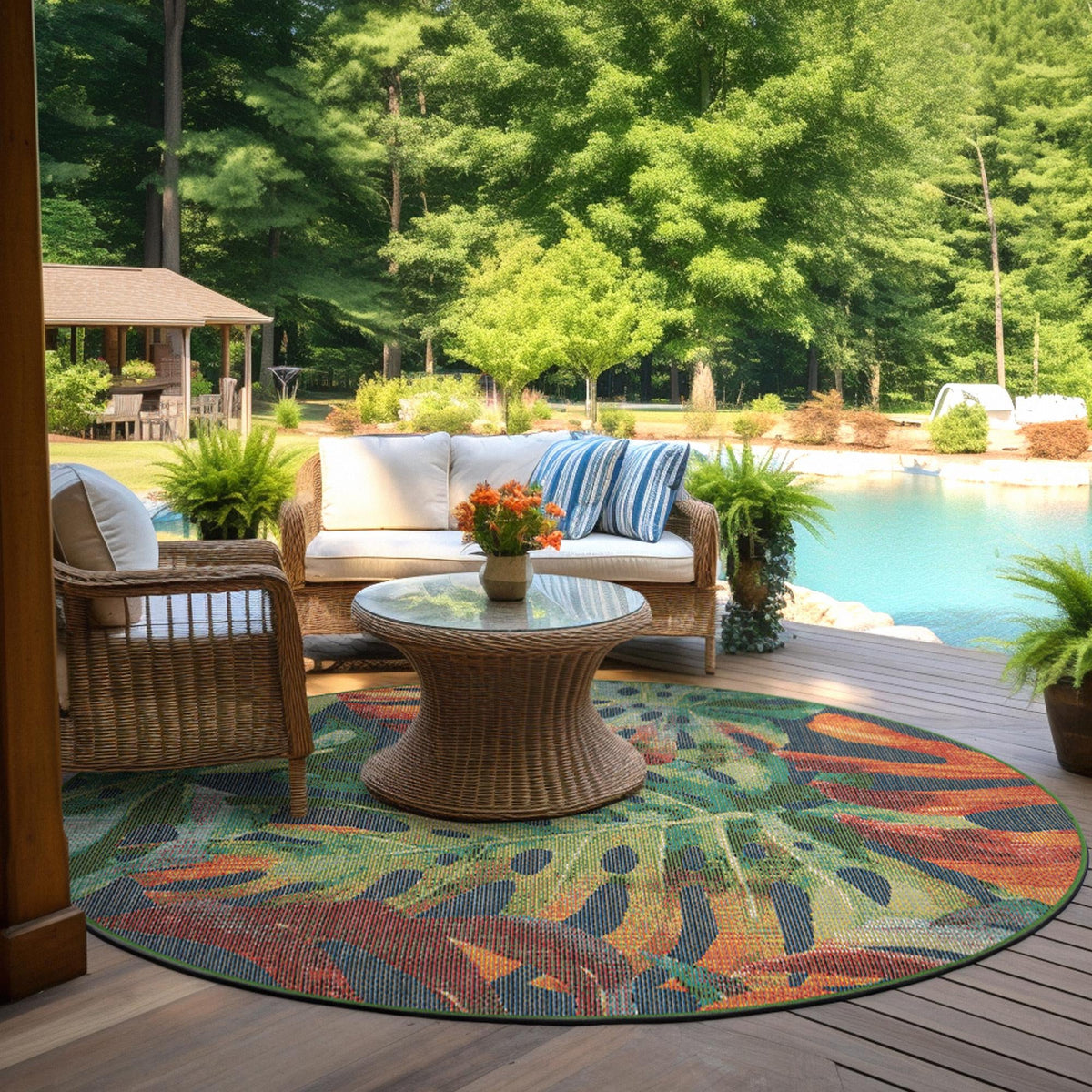 Coastal Terrace Collection Area Rug -  Pier Round Multi  lifestyle 57