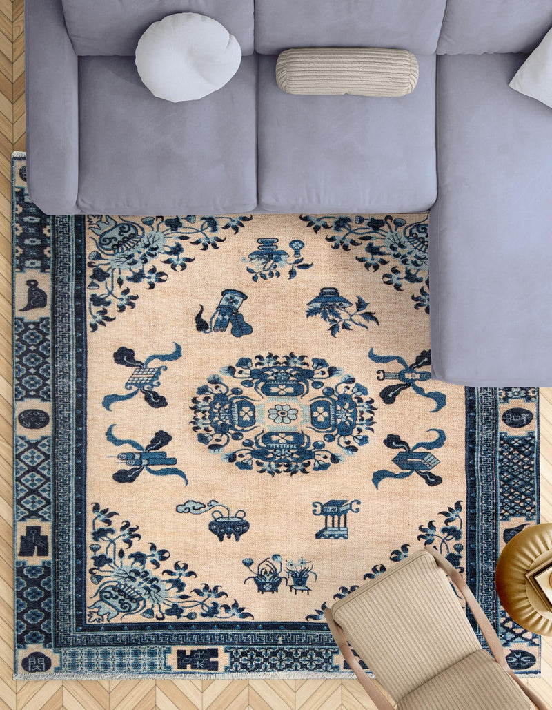 Bazaar Chic Collection Area Rug -  Casablanca Square Ivory and Blue  lifestyle 60