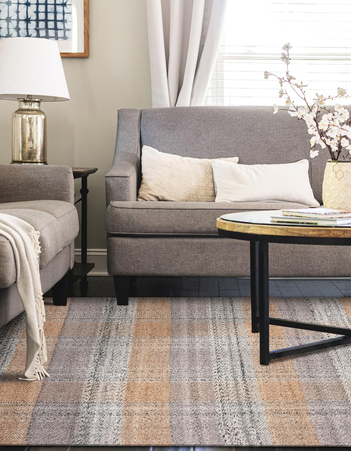 Sustainable Grid Indoor-Outdoor Oasis Collection Area Rug - Savannah Rectangle Desert Gray  lifestyle 35