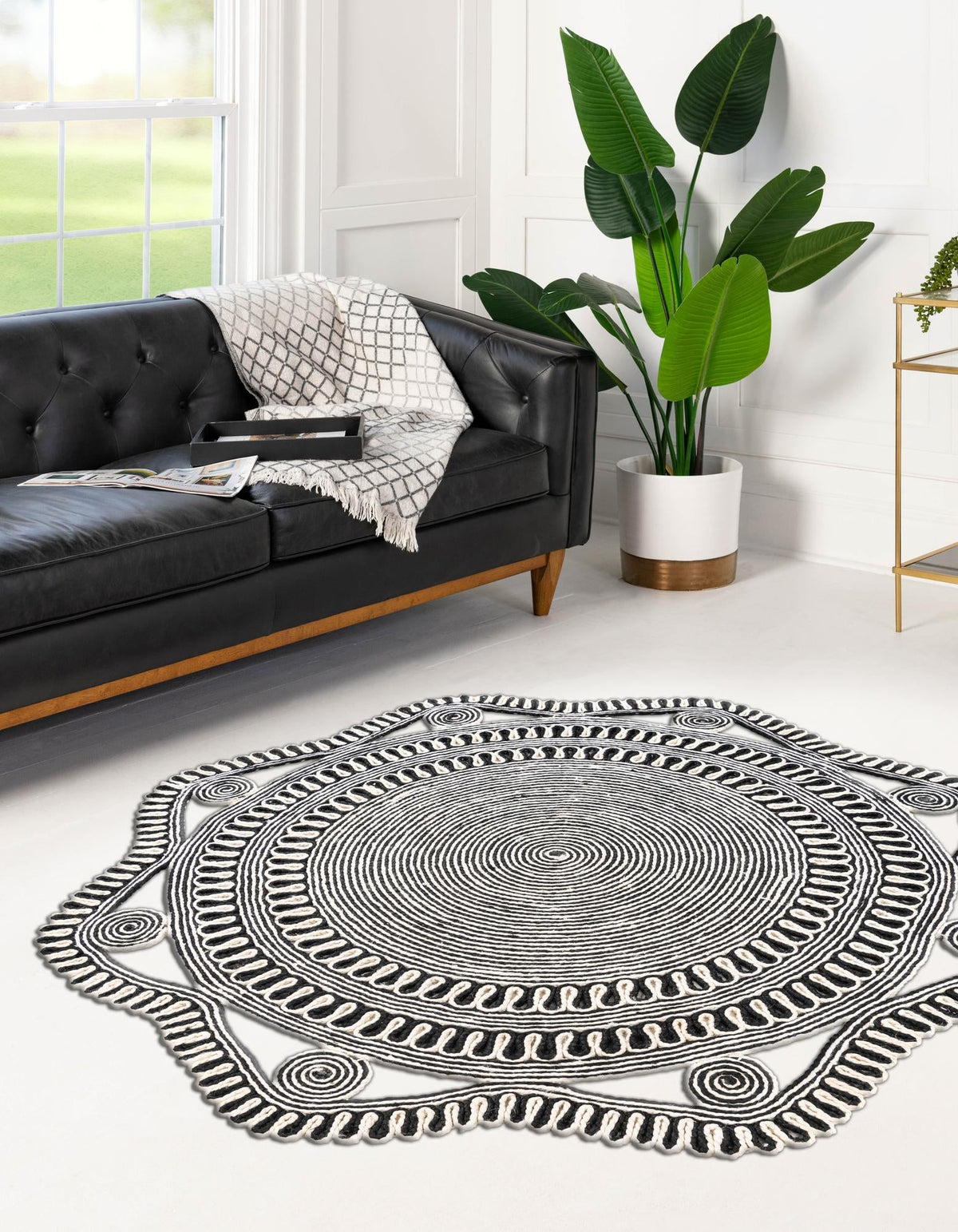 Woven Seaside Jute Collection Area Rug - Nantucket Round Black and White  lifestyle 2