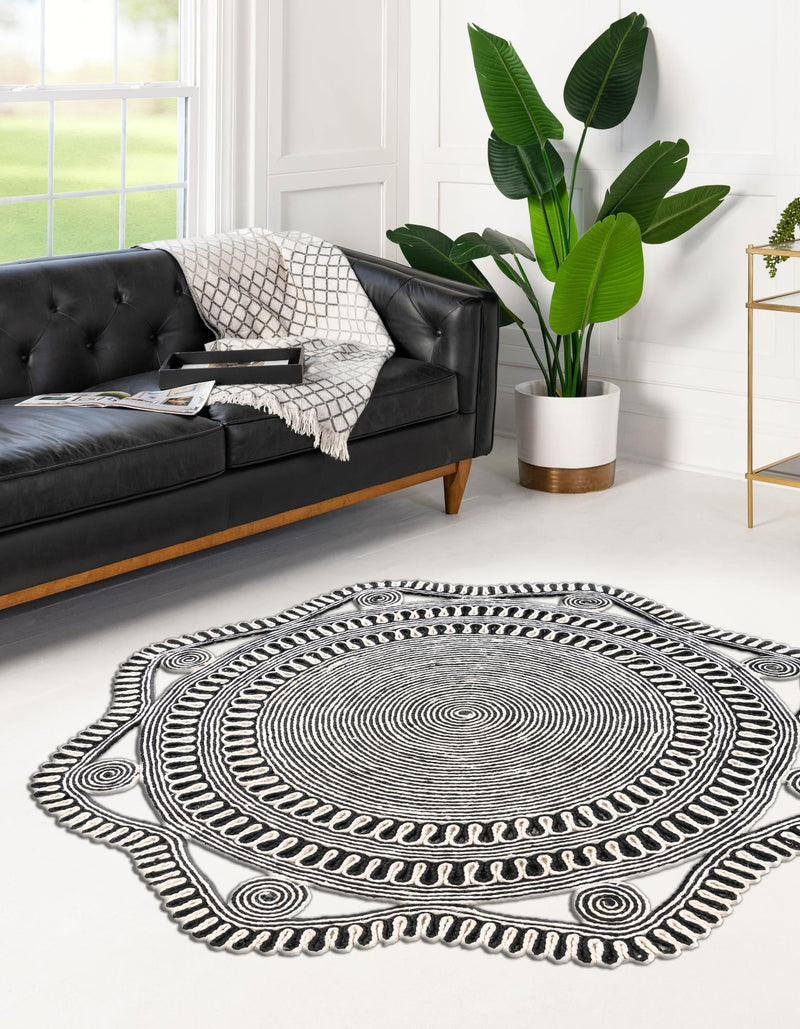 Woven Seaside Jute Collection Area Rug - Nantucket Round Black and White  lifestyle 2