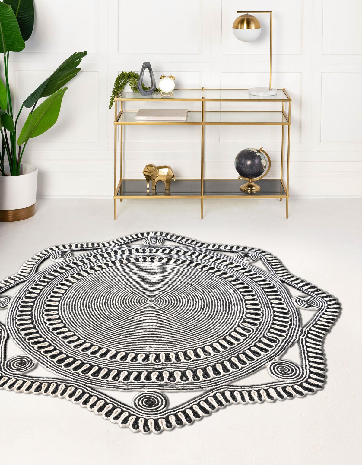 Woven Seaside Jute Collection Area Rug - Nantucket Round Black and White  lifestyle 7