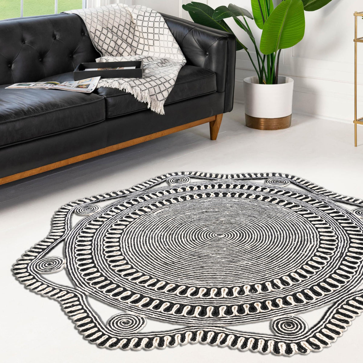 Woven Seaside Jute Collection Area Rug - Nantucket Round Black and White  lifestyle 65