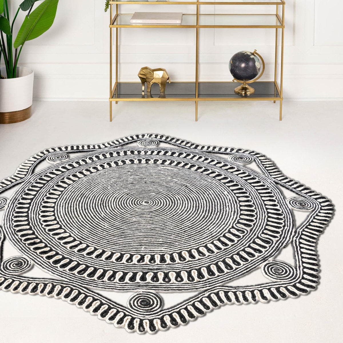 Woven Seaside Jute Collection Area Rug - Nantucket Round Black and White  lifestyle 67
