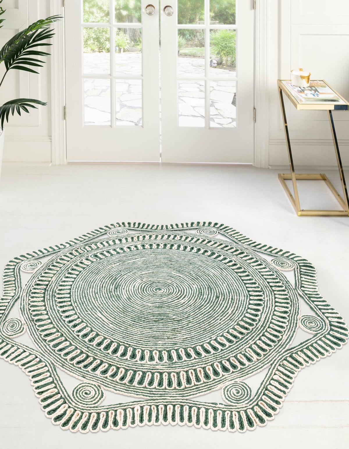 Woven Seaside Jute Collection Area Rug - Nantucket Round Green and White  lifestyle 3