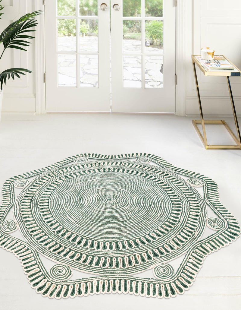 Woven Seaside Jute Collection Area Rug - Nantucket Round Green and White  lifestyle 3