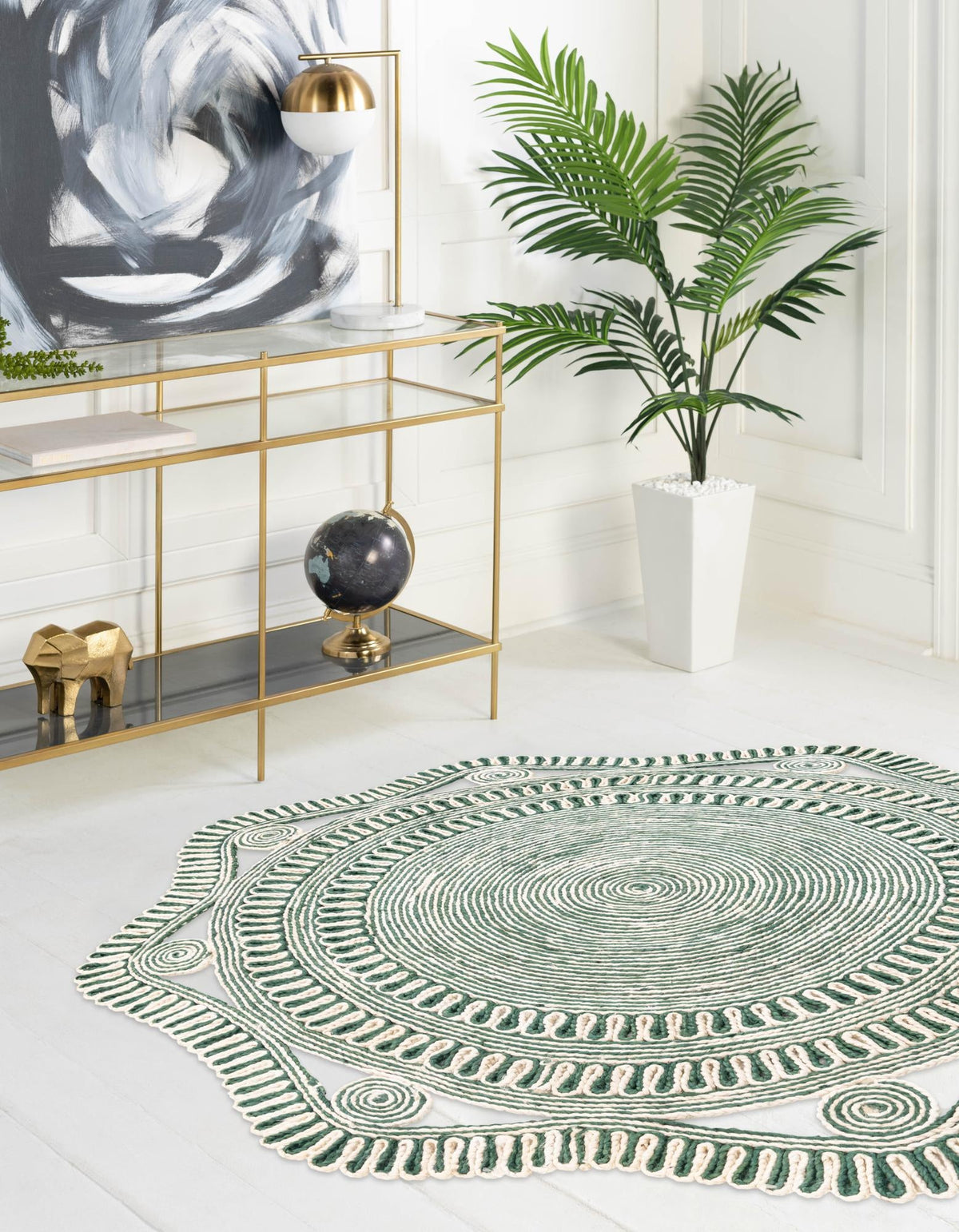 Woven Seaside Jute Collection Area Rug - Nantucket Round Green and White  lifestyle 8