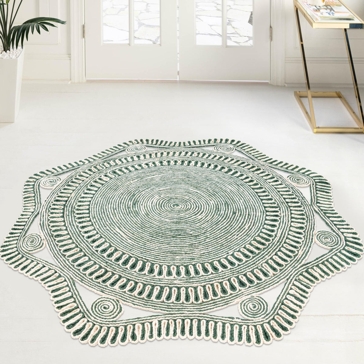 Woven Seaside Jute Collection Area Rug - Nantucket Round Green and White  lifestyle 66