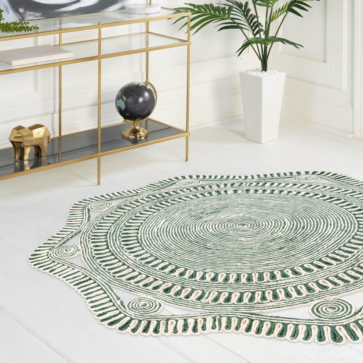 Woven Seaside Jute Collection Area Rug - Nantucket Round Green and White  lifestyle 68