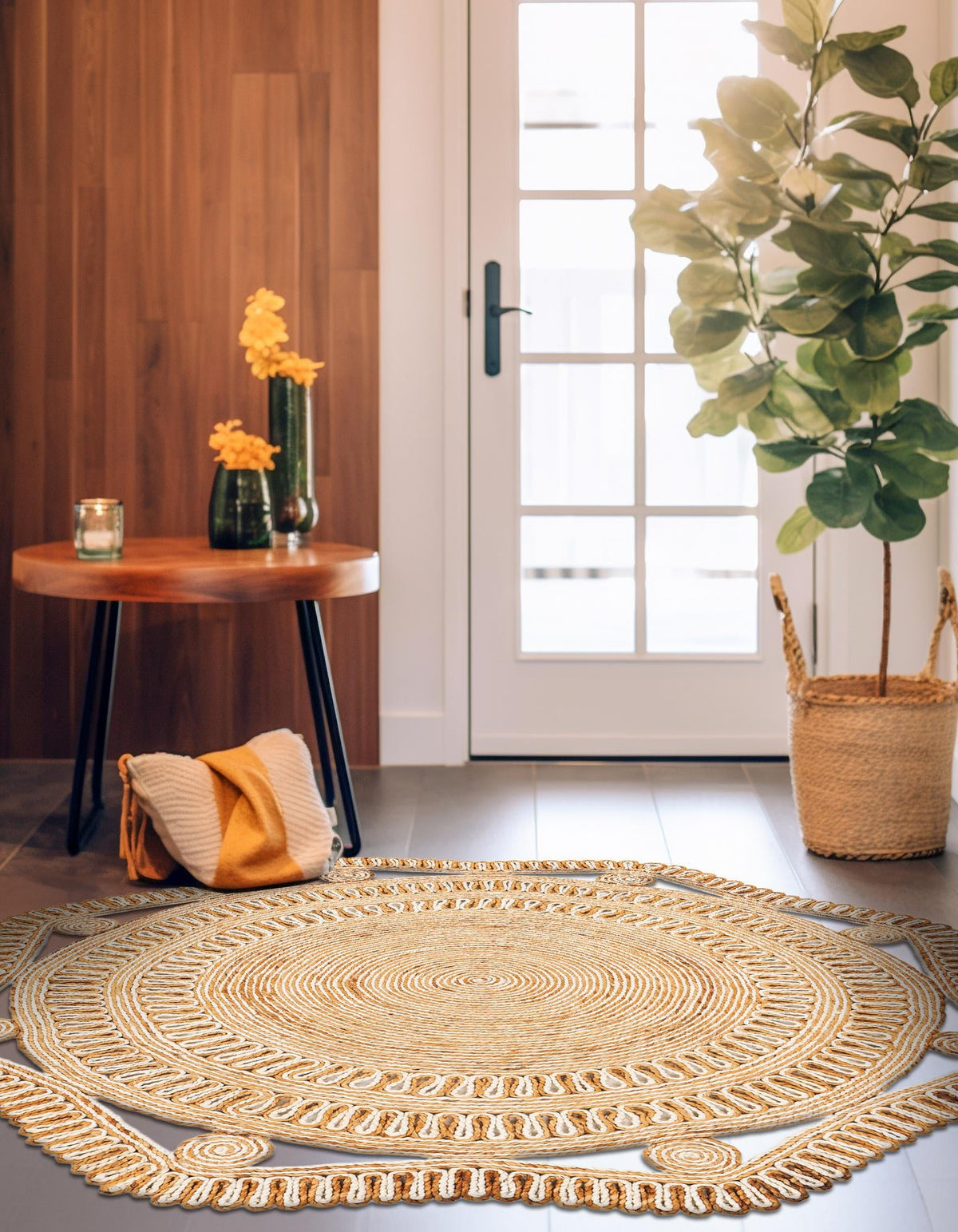 Woven Seaside Jute Collection Area Rug - Nantucket Round Natural and White  lifestyle 9