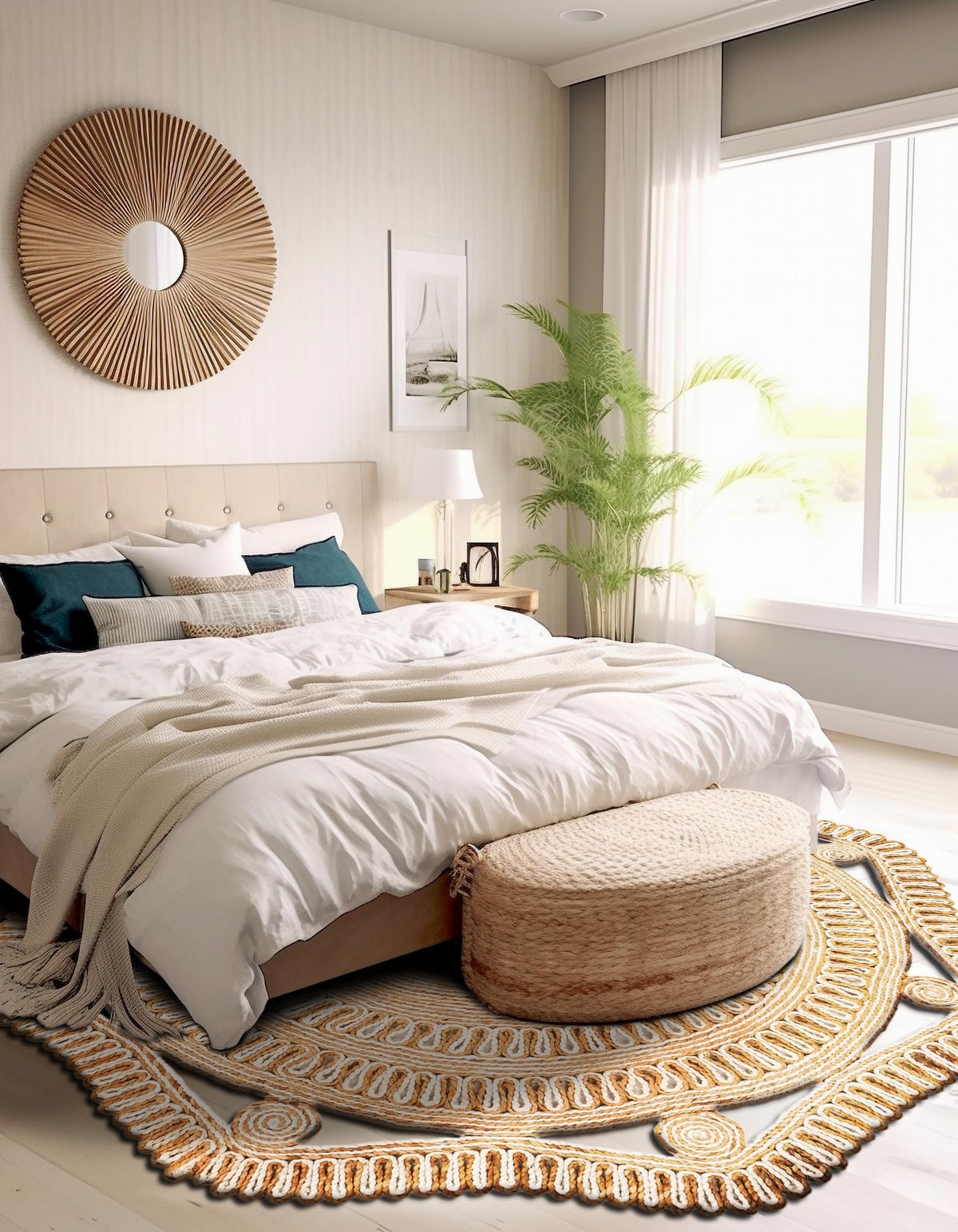 Woven Seaside Jute Collection Area Rug - Nantucket Round Natural and White  lifestyle 15
