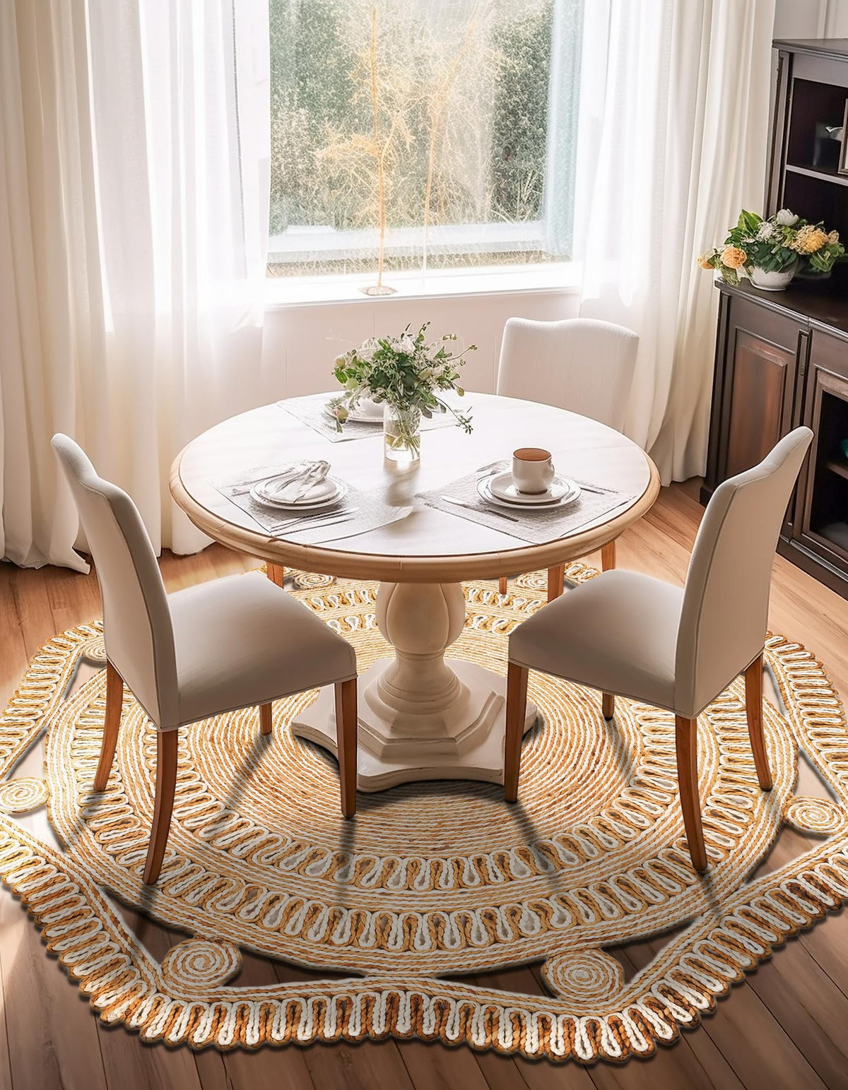 Woven Seaside Jute Collection Area Rug - Nantucket Round Natural and White  lifestyle 18