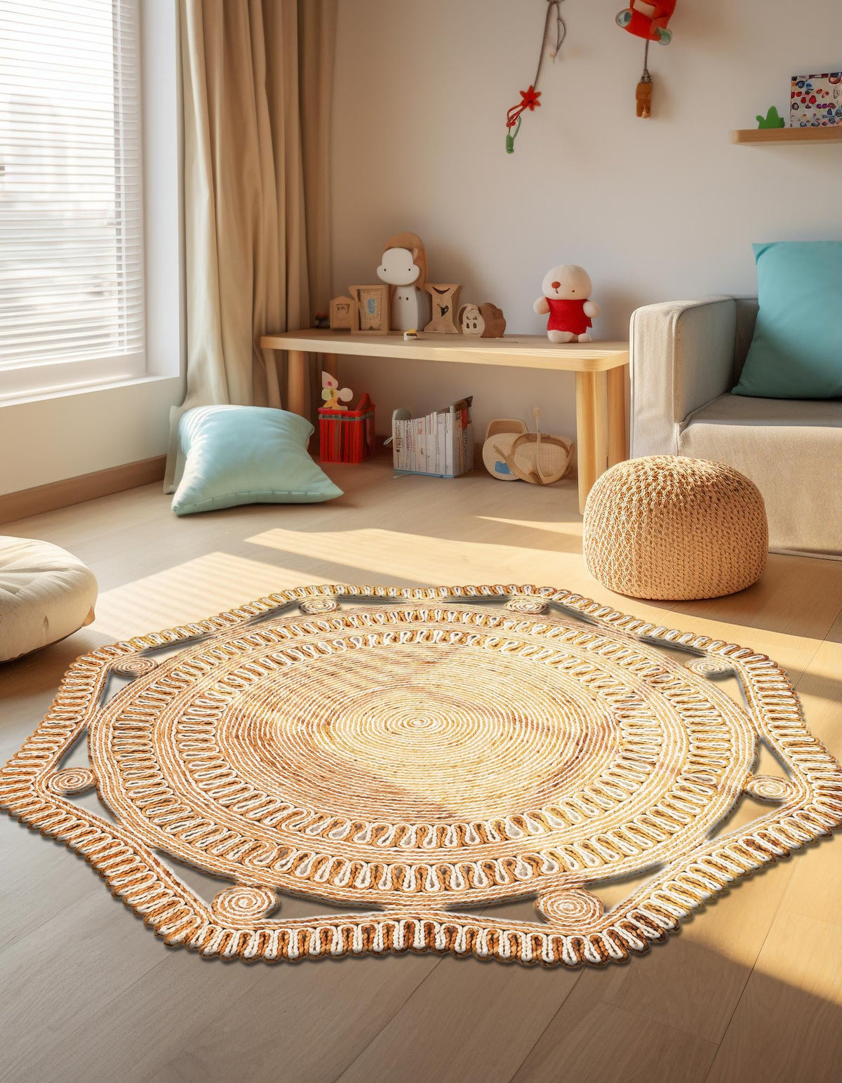 Woven Seaside Jute Collection Area Rug - Nantucket Round Natural and White  lifestyle 27