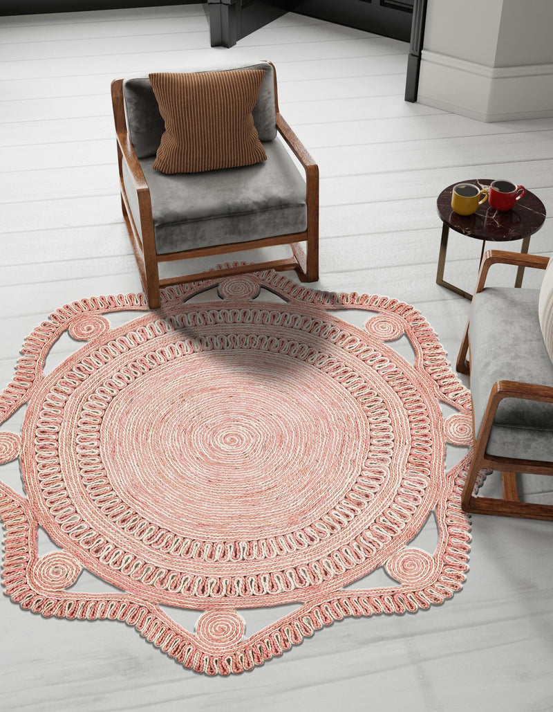Woven Seaside Jute Collection Area Rug - Nantucket Round Pink and White  lifestyle 5
