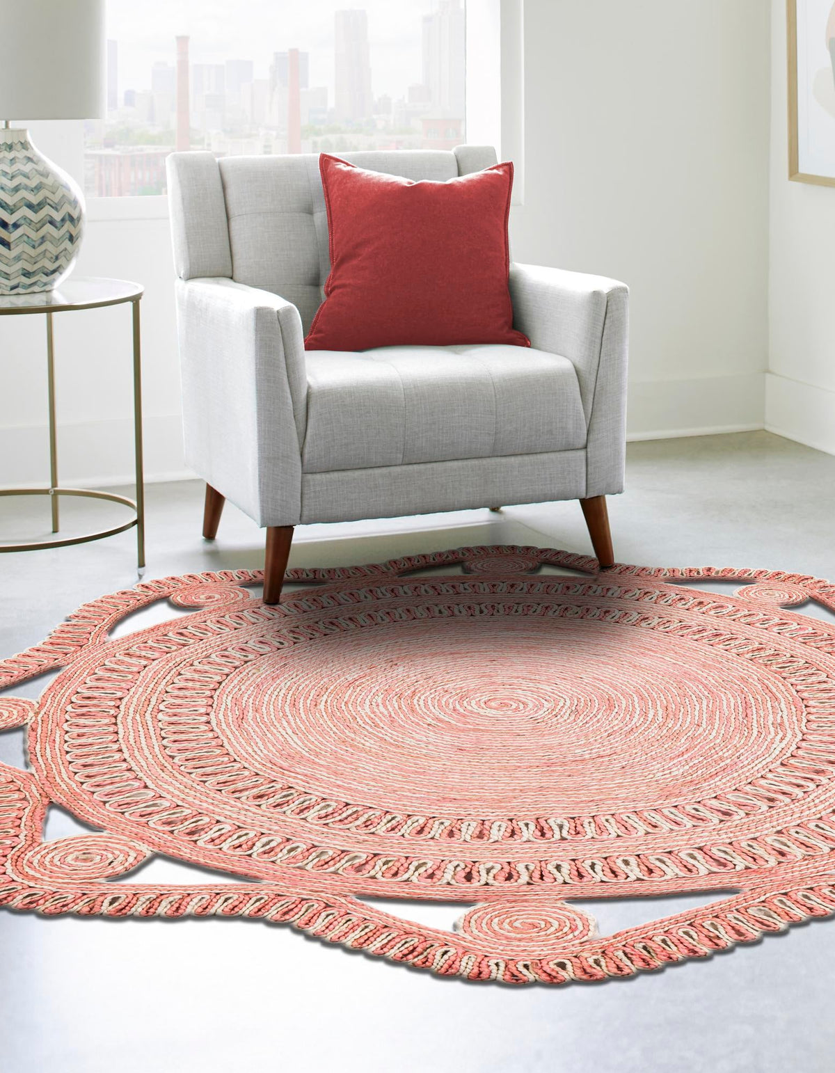 Woven Seaside Jute Collection Area Rug - Nantucket Round Pink and White  lifestyle 10
