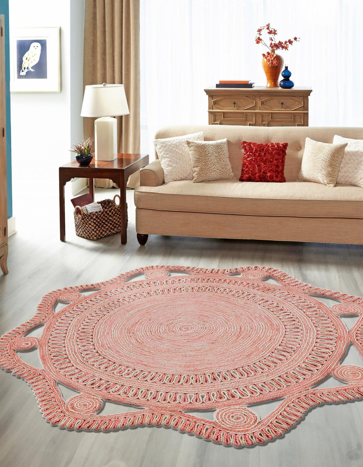 Woven Seaside Jute Collection Area Rug - Nantucket Round Pink and White  lifestyle 13
