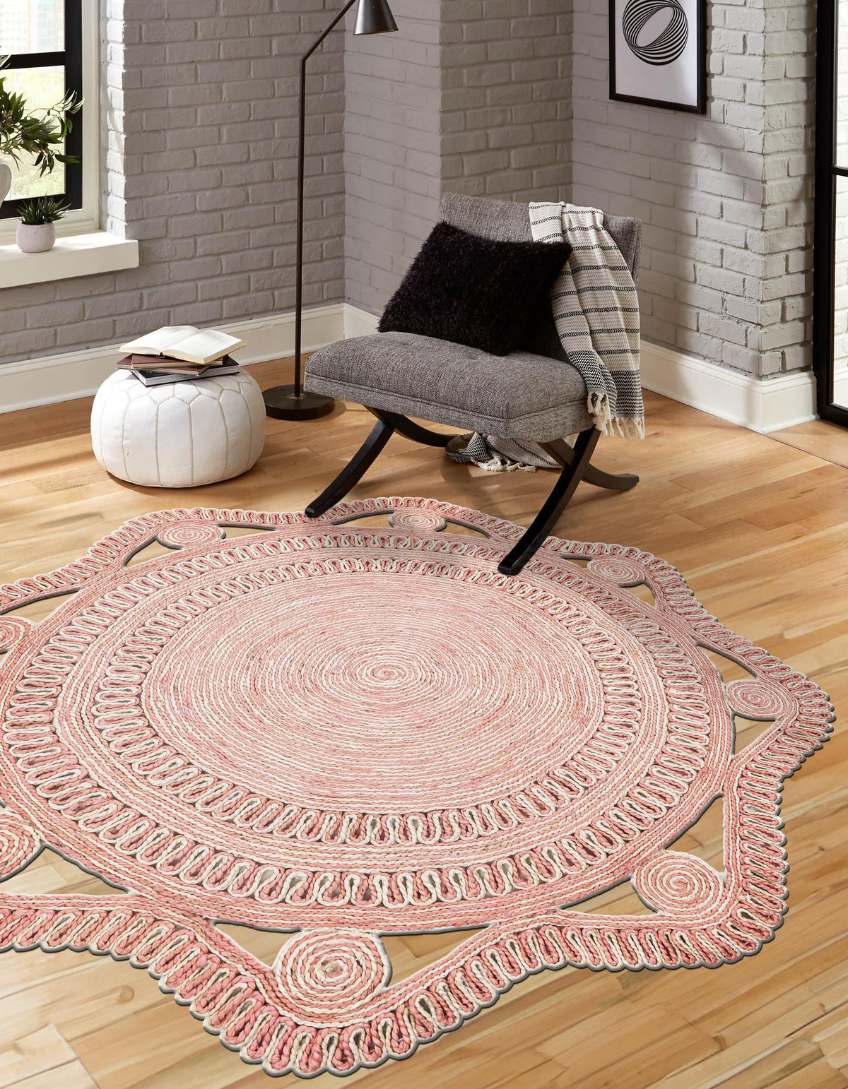 Woven Seaside Jute Collection Area Rug - Nantucket Round Pink and White  lifestyle 16