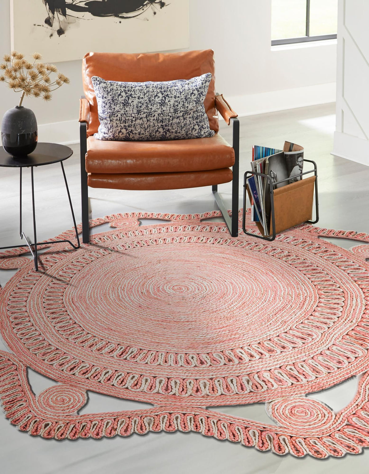 Woven Seaside Jute Collection Area Rug - Nantucket Round Pink and White  lifestyle 19