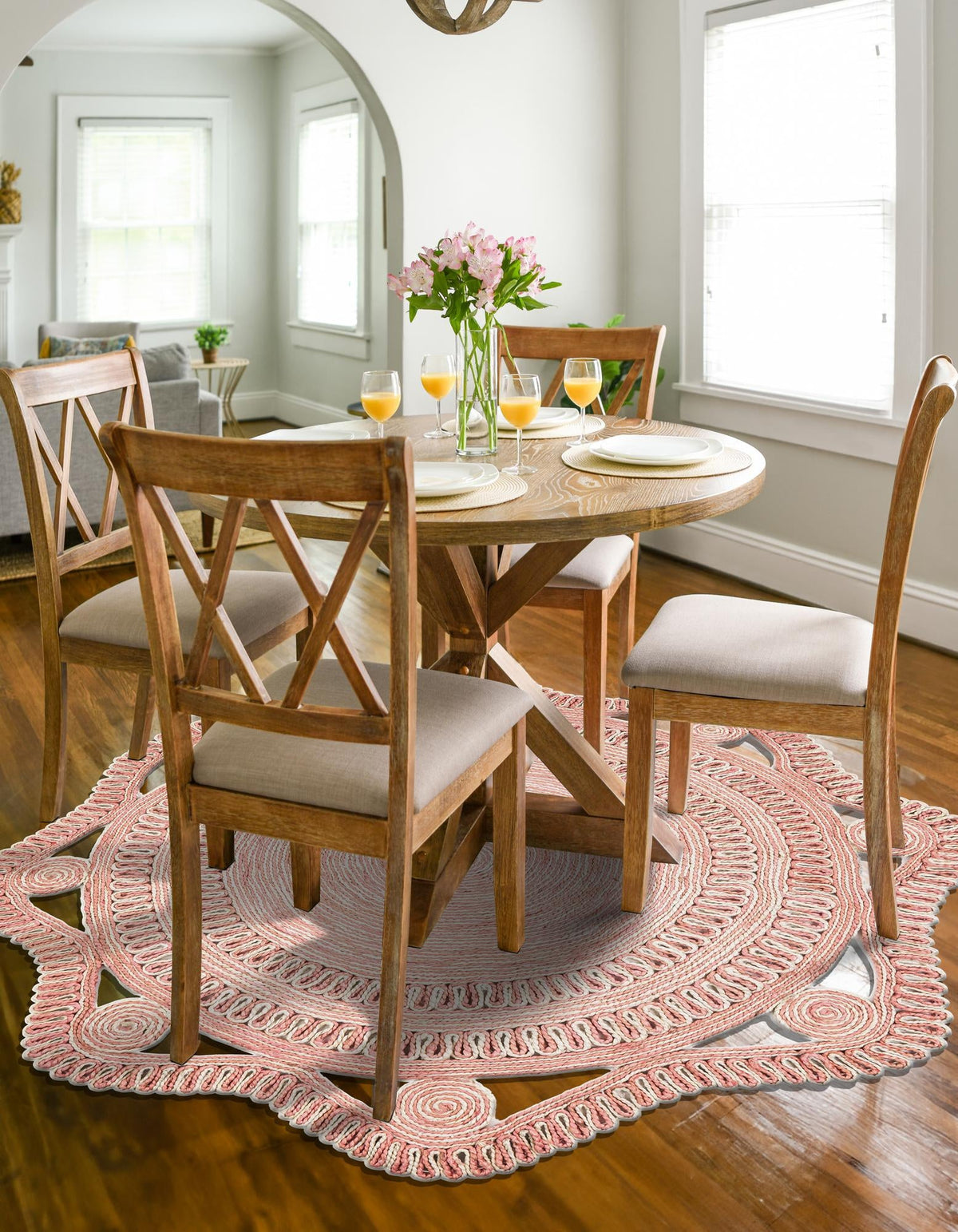 Woven Seaside Jute Collection Area Rug - Nantucket Round Pink and White  lifestyle 22