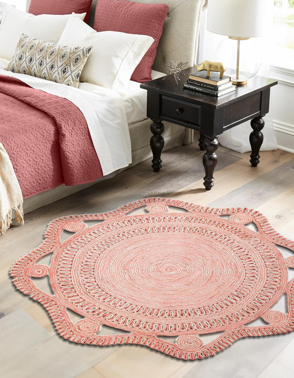 Woven Seaside Jute Collection Area Rug - Nantucket Round Pink and White  lifestyle 25